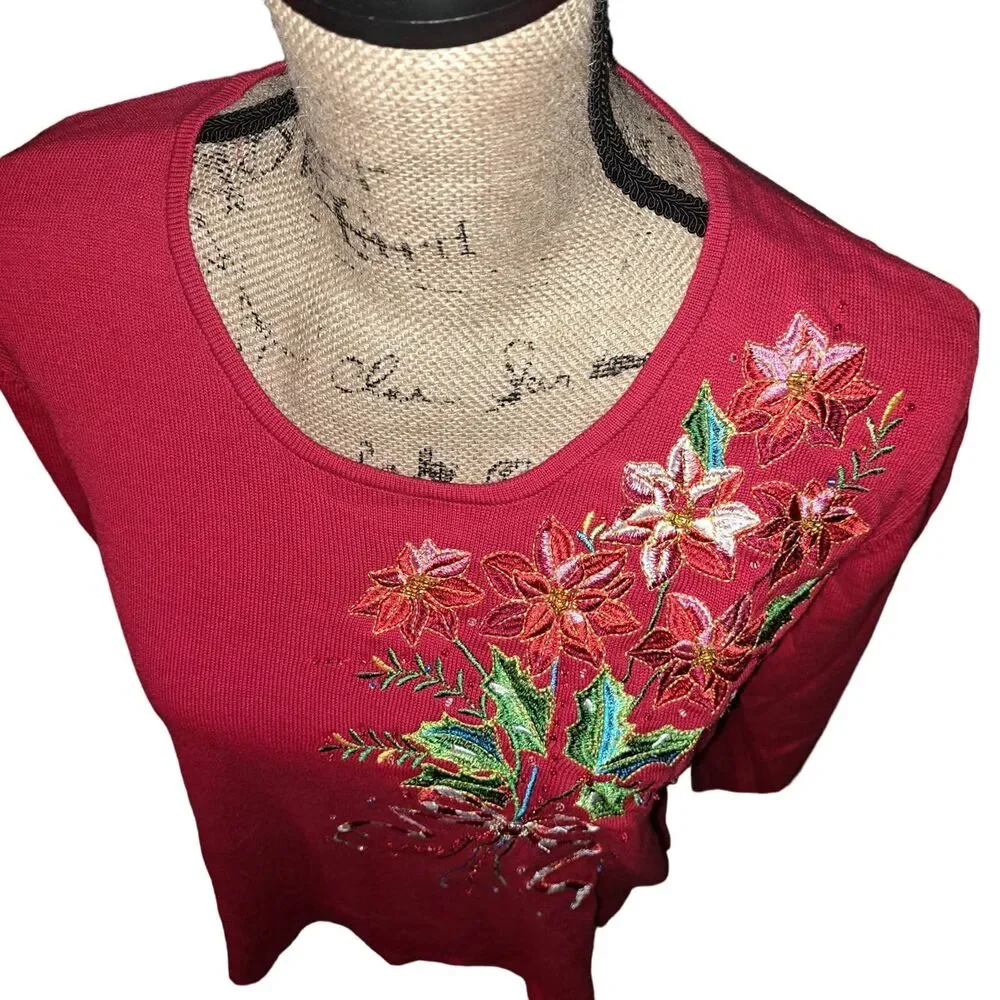 NWT-Quacker Factory Red Long Sleeve Poinsettia Bouquet Sweater Size: Med